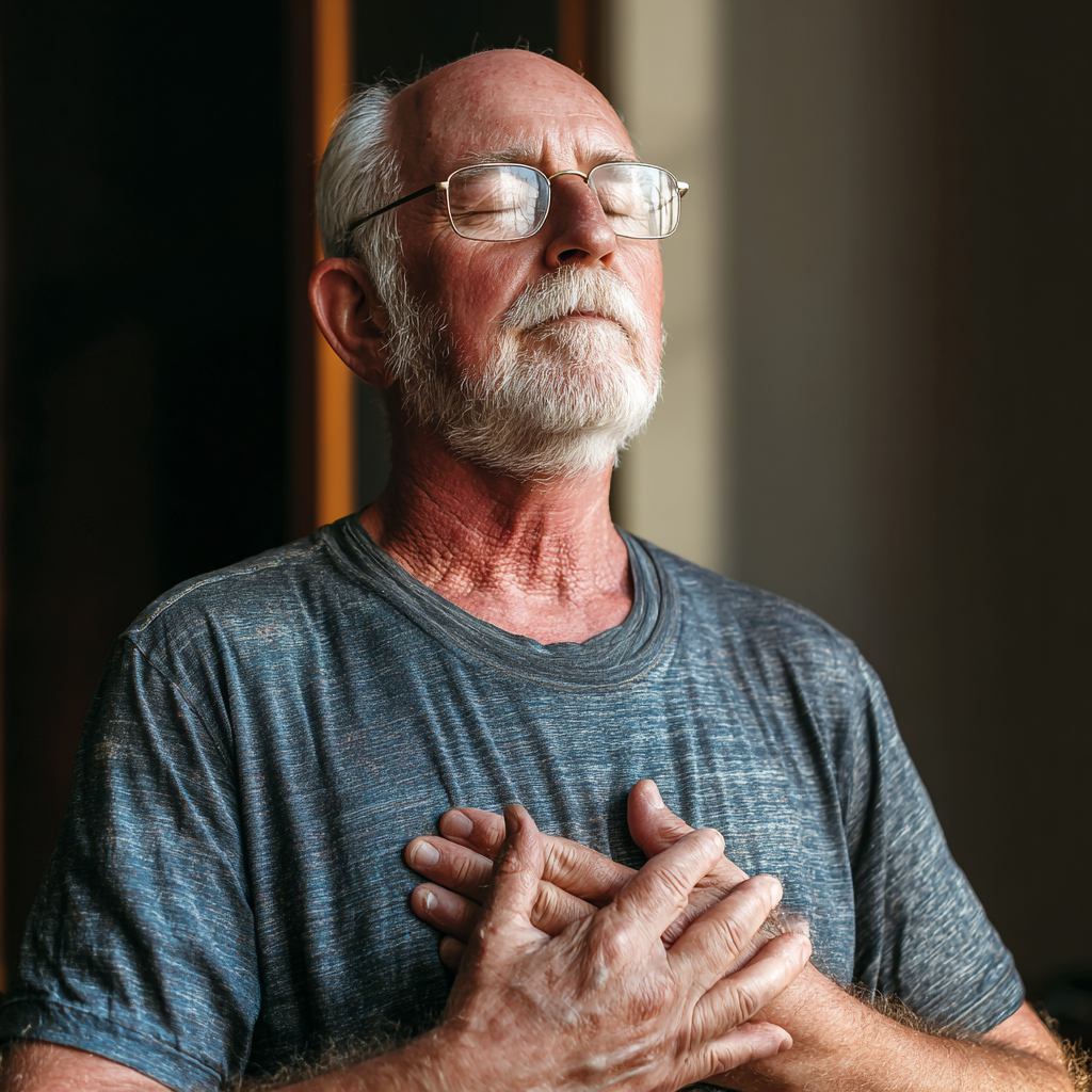 Confident mature European woman practicing office yoga, smiling while doing gentle stretches at workplace