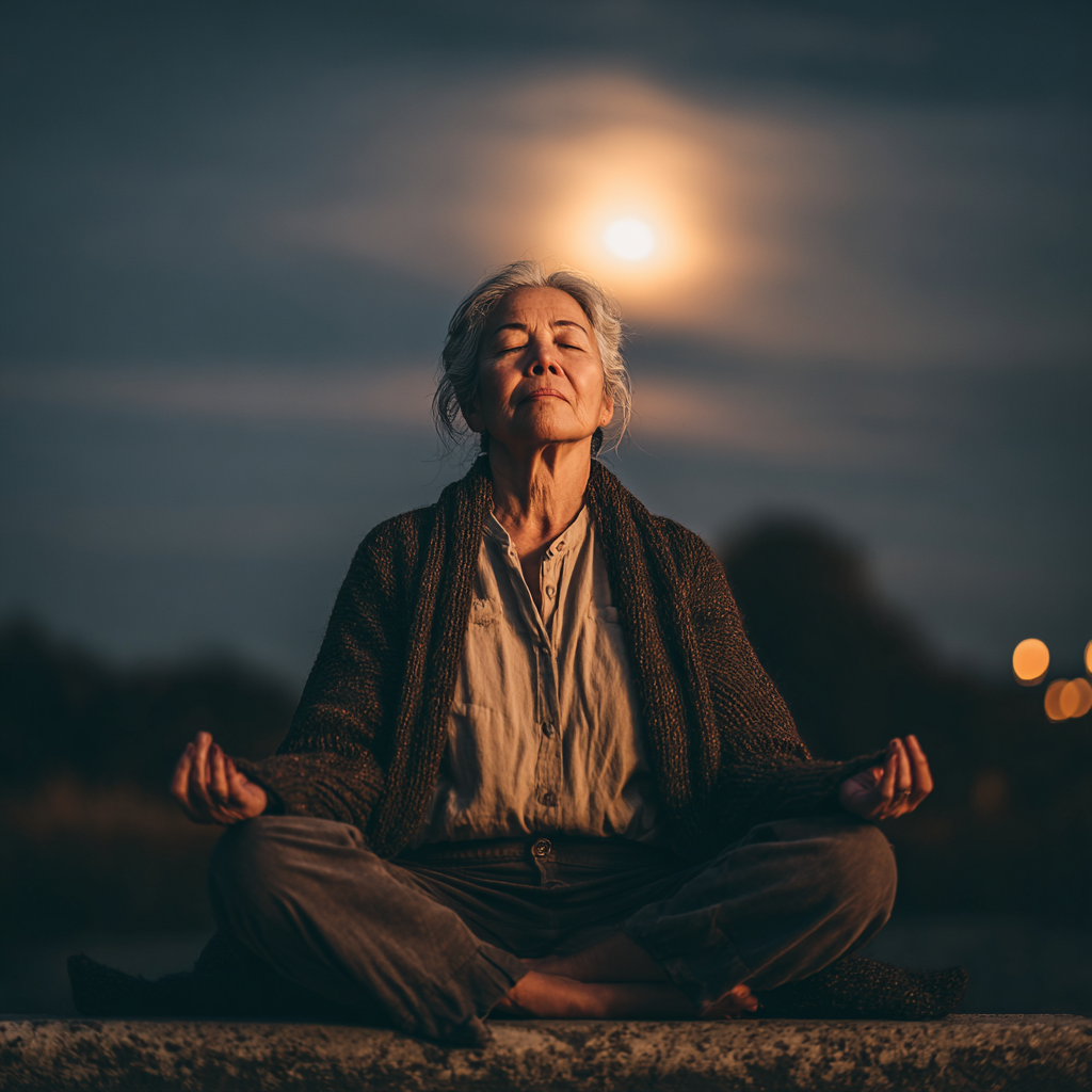 Group of mature European professionals practicing yoga exercises in modern office environment, showing workplace wellness